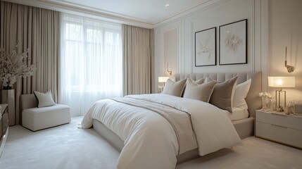 Fototapeta premium Modern Luxurious Bedroom Interior with White Bedding and Beige Accents