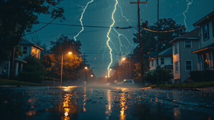 city being struck and surrounded by lightning during large thunderstorm in storm season, neighborhood area