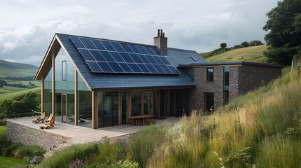 Fototapeta premium A house with solar panels installed on the roof to harness renewable energy