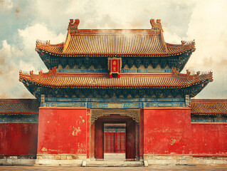 Obraz premium a traditional Chinese temple with a mountainous landscape.