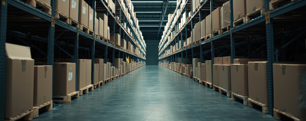 Wide angle view of warehouse aisles with systematically arranged boxes, showcasing organized storage environment. clean, spacious layout enhances efficiency and accessibility
