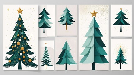 Obraz premium Christmas tree greeting card Set. Modern minimal Xmas tree design AI Generated