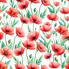 Fototapeta premium Watercolor seamless pattern with bright beautiful flowers of poppies. Floral print for printing on fabric.