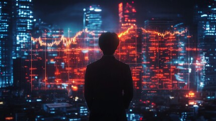Silhouette of a Person Observing a Cityscape with Data Overlays
