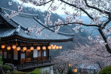 Obraz premium Samurai Temple: A serene Japanese temple on a mountainside, with cherry blossom trees and paper lanterns