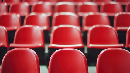 Naklejka premium A vibrant array of red chairs arranged in rows, creating a striking visual pattern in an indoor space.