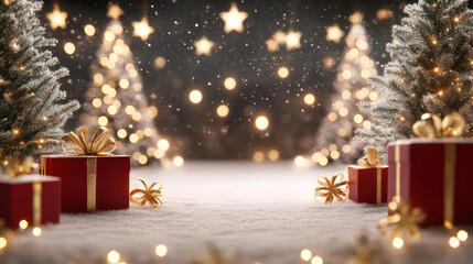 Christmas Gift Boxes with Gold Ribbons in Snowy Forest Scene with Decorated Trees and Star Lights. Winter Holiday Celebration