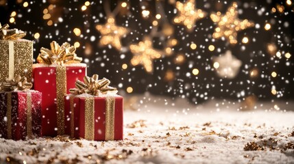 Christmas Gift Boxes with Gold Ribbons in Snowy Forest Scene with Decorated Trees and Star Lights. Winter Holiday Celebration