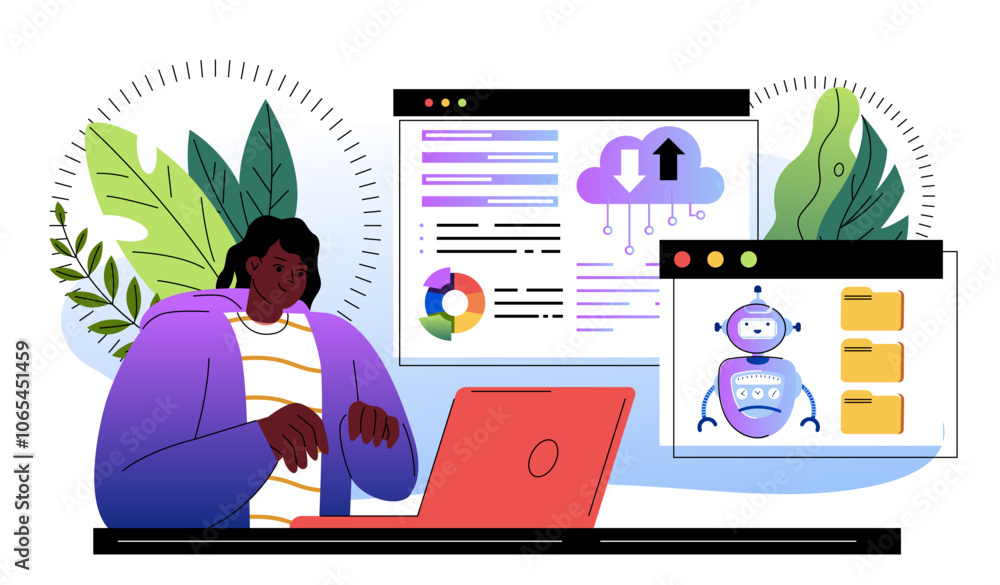Poster artificial intelligence analyzes data. woman with laptop together with virtual assistant in electron