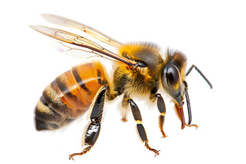 a stunning bee is flying, isolated on white background, Bee is shown on white background
