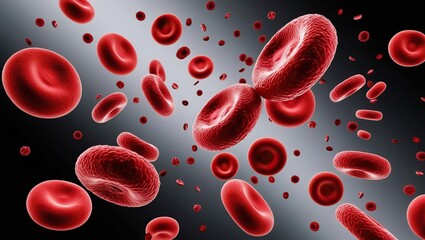 Fototapeta premium A dynamic illustration of red blood cells floating in a dark background, symbolizing circulation and the life-giving power of blood.