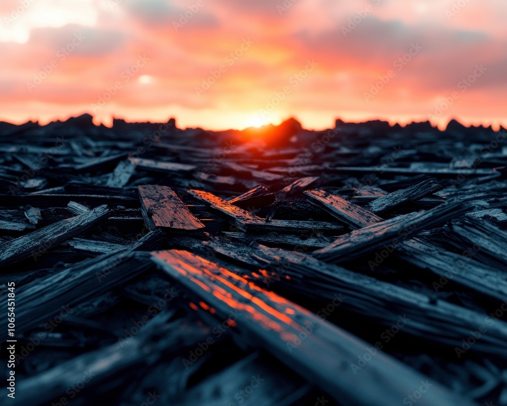 Aufkleber a close-up view of a textured surface with scattered elements, illuminated by a vibrant sunset casti