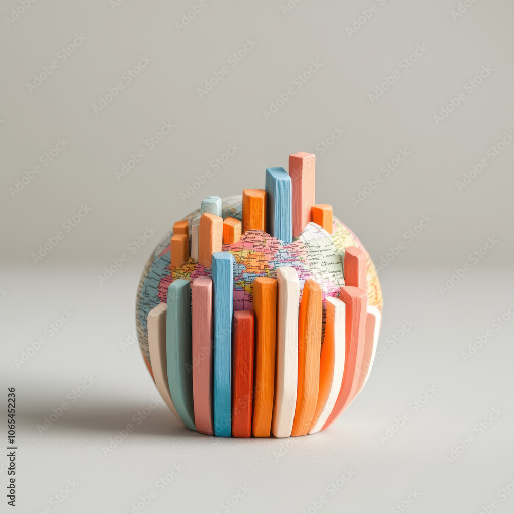 Poster colorful globe with bar graphs representing economic data, showcasing global trends and statistics. 
