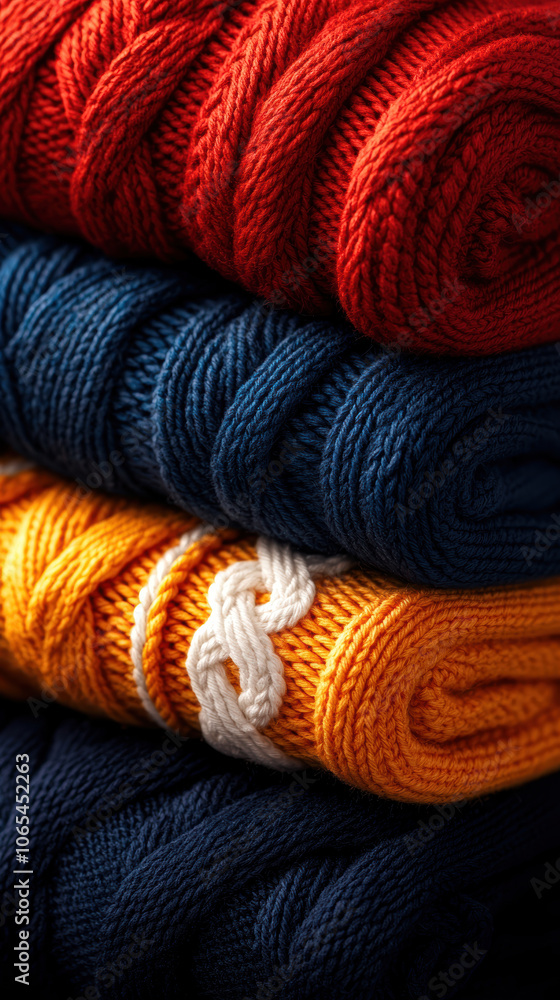 Poster cozy knitted fabrics in vibrant colors, neatly folded showcasing intricate patterns. perfect for add