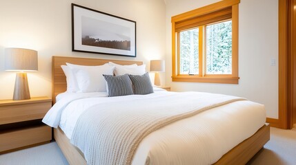 Obraz premium Guest house bedroom with plush bedding, cozy lamp, and warm wood tones