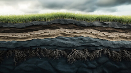 Obraz premium Cross-sectional view of soil layers with green grass on top under a cloudy sky, showing roots and various earthy strata