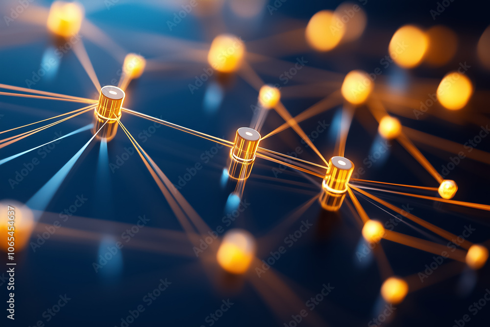 Poster glowing nodes linked by lines illustrate tech advances in communication networks and data transmissi