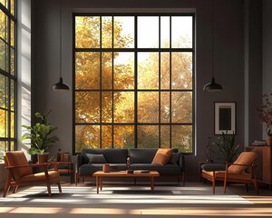 Living room with large windows, cozy seating, and soft lighting, inviting guest house vibe