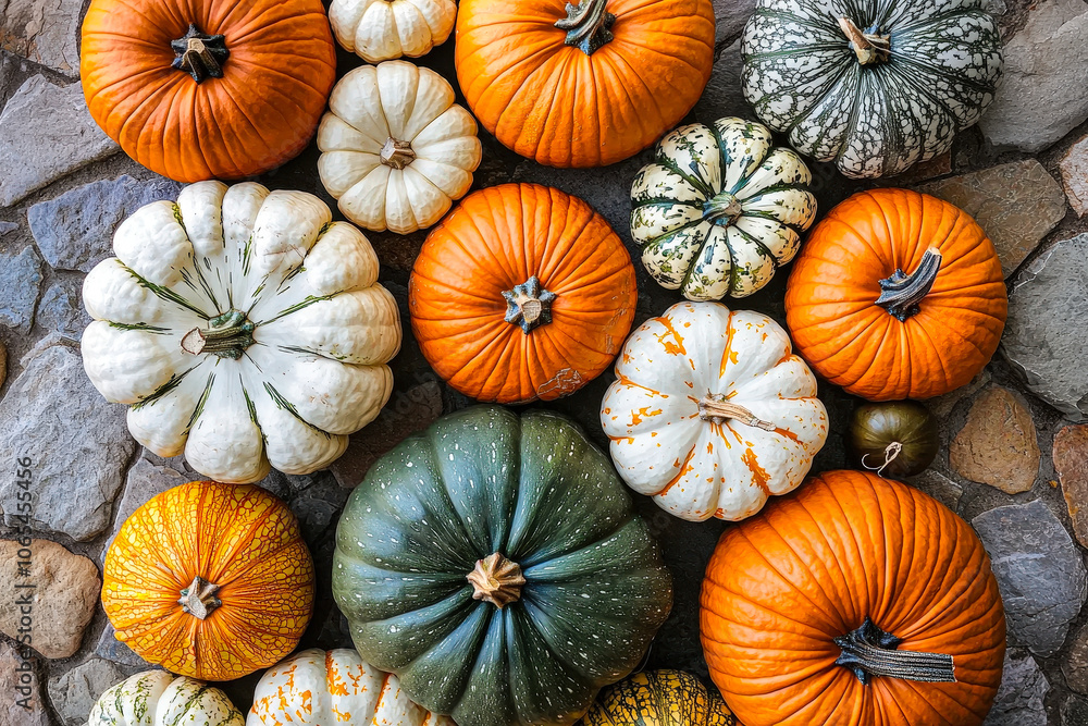 Poster a variety of pumpkins with distinctive colors and patterns is arranged on a stone surface, showcasin