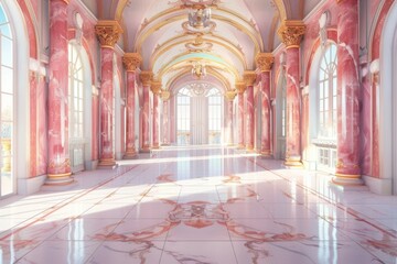 Luxury baroque palace interior featuring columns, arches, and pink windows