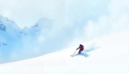 Skier carving down a snowy slope against a backdrop of distant mountains