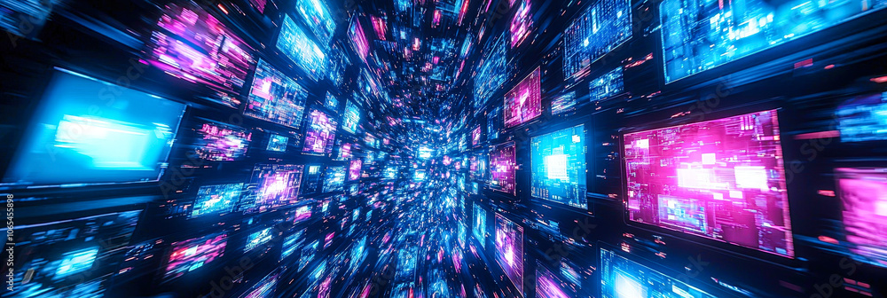 Poster A tunnel filled with brightly lit screens displays a captivating array of colors, creating an immersive digital experience