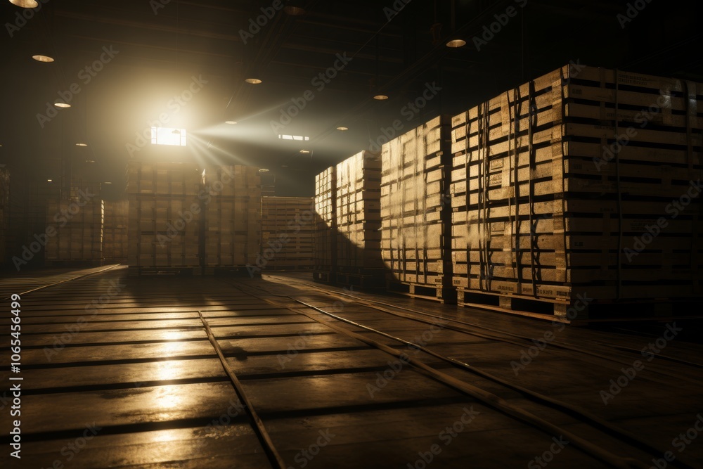 Poster exploring textures and shadows creating a loading atmosphere with pallet and box dynamics