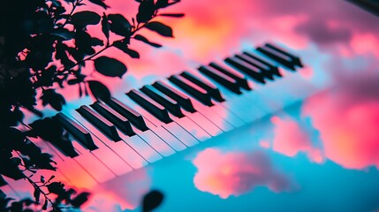Naklejka premium Piano Keys Reflecting Pink and Blue Clouds.