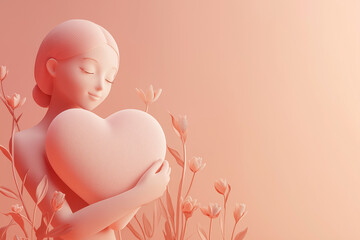 3D illustration of a woman holding a heart. Love, romantic feelings, self acceptance, kindness concept. Embracing a heart, person full of love. Mother's day or Valentine's day greeting card