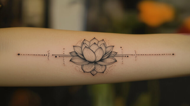 fine line lotus flower tattoo. simple fine line tattoo design on arm, simple line, black ink