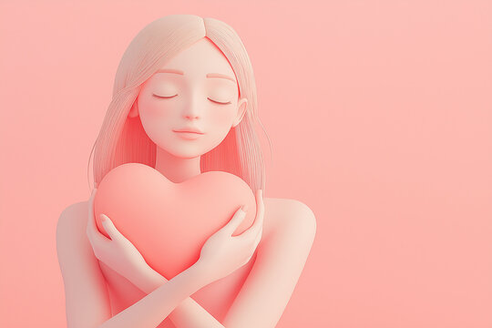 3D illustration of a woman holding a heart. Love, romantic feelings, self acceptance, kindness concept. Embracing a heart, person full of love. Mother's day or Valentine's day greeting card
