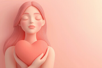 3D illustration of a woman holding a heart. Love, romantic feelings, self acceptance, kindness concept. Embracing a heart, person full of love. Mother's day or Valentine's day greeting card