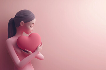 3D illustration of a woman holding a heart. Love, romantic feelings, self acceptance, kindness concept. Embracing a heart, person full of love. Mother's day or Valentine's day greeting card