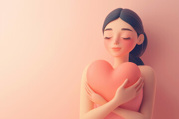 3D illustration of a woman holding a heart. Love, romantic feelings, self acceptance, kindness concept. Embracing a heart, person full of love. Mother's day or Valentine's day greeting card