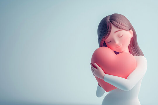 3D illustration of a woman holding a heart. Love, romantic feelings, self acceptance, kindness concept. Embracing a heart, person full of love. Mother's day or Valentine's day greeting card