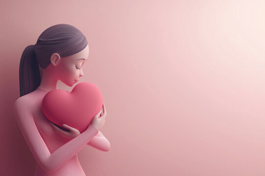 3D illustration of a woman holding a heart. Love, romantic feelings, self acceptance, kindness concept. Embracing a heart, person full of love. Mother's day or Valentine's day greeting card