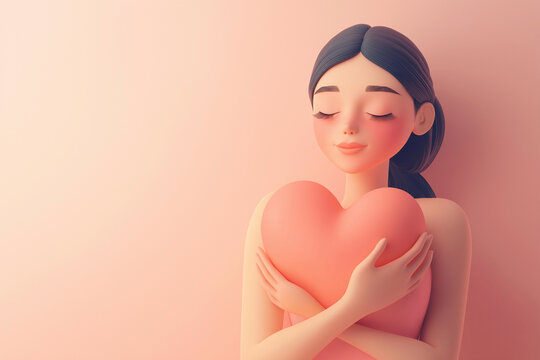 3D illustration of a woman holding a heart. Love, romantic feelings, self acceptance, kindness concept. Embracing a heart, person full of love. Mother's day or Valentine's day greeting card