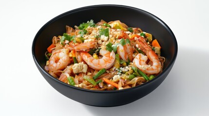 A black bowl of pad thai with shrimp and fresh vegetables, on a white background,