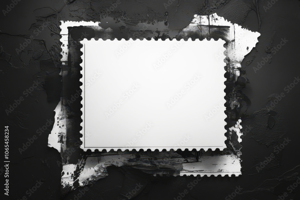 Poster A blank stamp frame is set against a torn black wall, blending creativity and minimalism in a unique artistic presentation