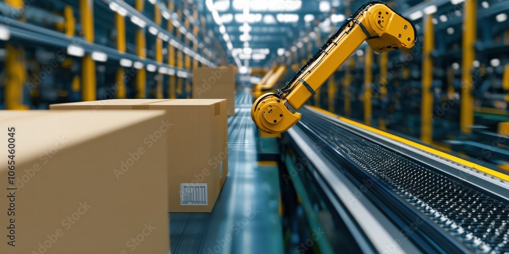 Poster automated robot arm efficiently handles packages in warehouse