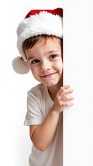 Vertical photo, Cute child looks out from around the corner. A little boy in a white t-shirt and Santa Claus hat on a white isolated background. Copy space