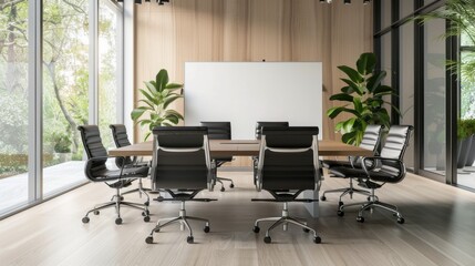Fototapeta premium Modern minimalist conference room with wooden table and plants