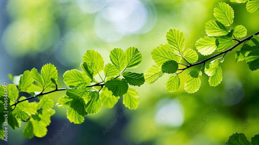 Poster vibrant spring branch: close-up of fresh, bright green leaves on a branch, bathed in sunlight. a gen