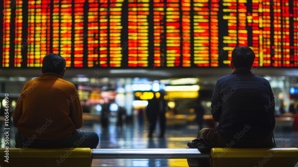 Poster two people sitting on a bench in front of a large screen displaying red and yellow data