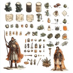 Adventure character sheet with TTRPG miniatures, fantasy setting, isolated on white background