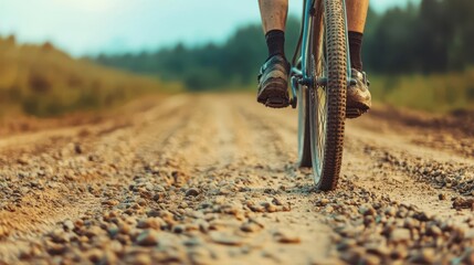 Naklejka premium Cyclists on gravel road in offroad marathon, rugged countryside, rough challenge