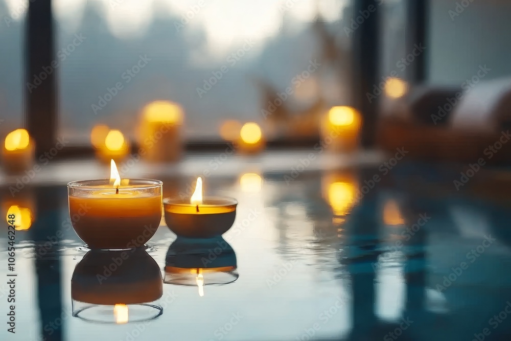 Poster relaxing atmosphere with floating candles in a tranquil spa setting during twilight