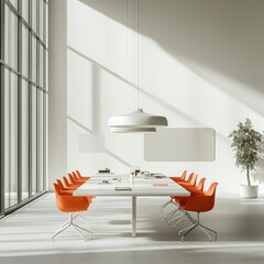 A bright, modern meeting room with a long table and chairs, captured against a clean white background,