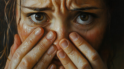 Obraz premium Kobieta, która płacze, trzymając twarz w dłoniach.