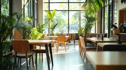 Obraz premium Bright and luxurious coworking space with large, communal tables, ergonomic chairs, greenery, and minimalist decor for a professional vibe